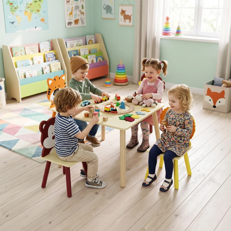 AIYAPLAY Conjunto Mesa para Criança com 4 Cadeiras 5 Peças em Madeira, Encosto em Forma de Animal, Cantos Arredondados, 3-8 Anos, Amarelo