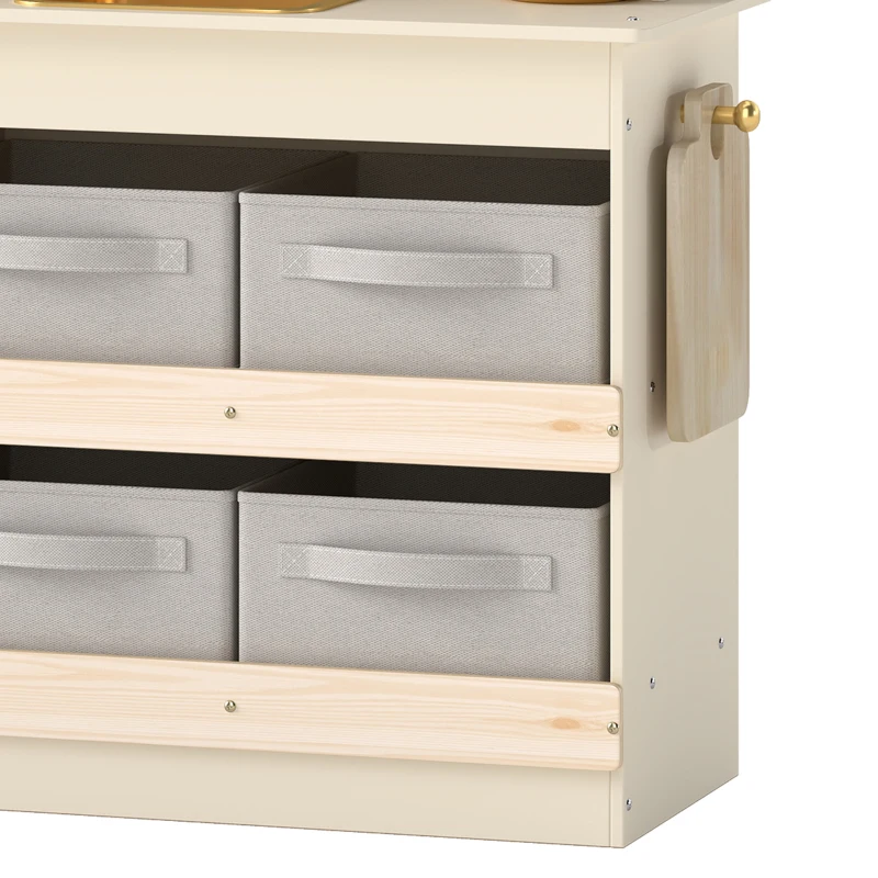 AIYAPLAY Cuisine Enfant, Cuisine en Bois Enfant Dinette, Effet Lumières et Sons, 4 Bacs en Tissu, 12 Accessoires, 3-6 Ans, Crème