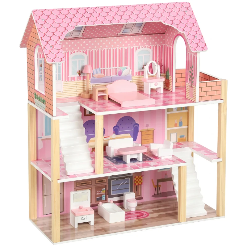 AIYAPLAY Casa de Muñecas de Madera 3 Pisos con Balcón Escaleras y 10 Muebles Juguete de Imitación para Niños de 3 a 6 Años Rosa