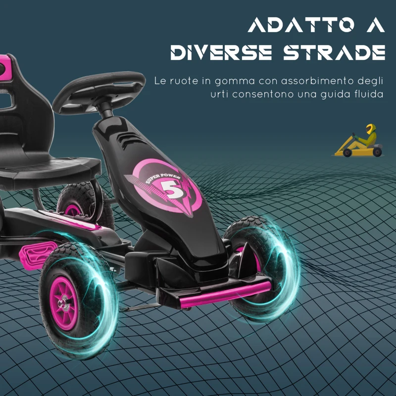 HOMCOM Go Kart a Pedali per Bambini 5-12 Anni con Sedile Regolabile, in Metallo e PP 117x58x61 cm, Rosa e Nero