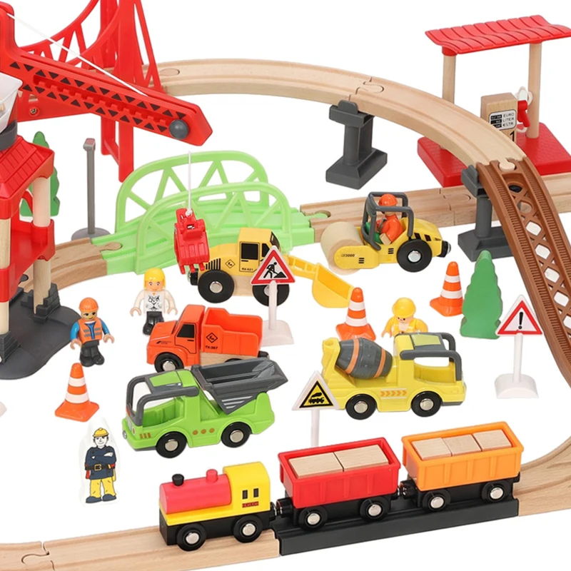 AIYAPLAY 91-delige houten treinset met kraan, treinen, bouwvoertuigen, rails en brug voor kinderen vanaf 3 jaar