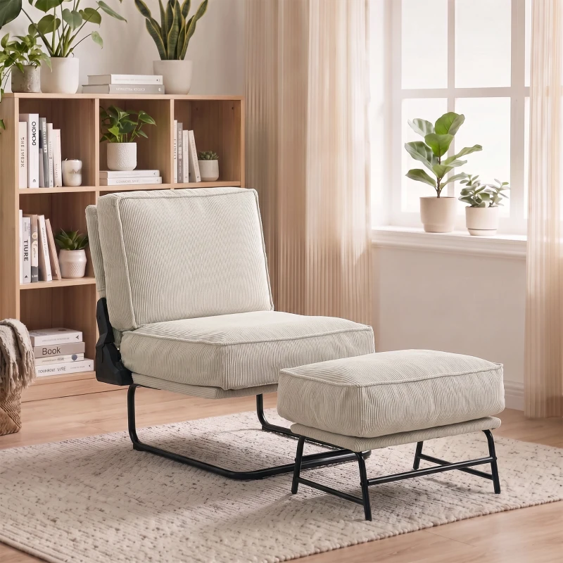 HOMCOM Sillón con Reposapiés Respaldo Ajustable Sillón de Lectura de Pana con Asiento Ancho Acolchado Grueso Crema