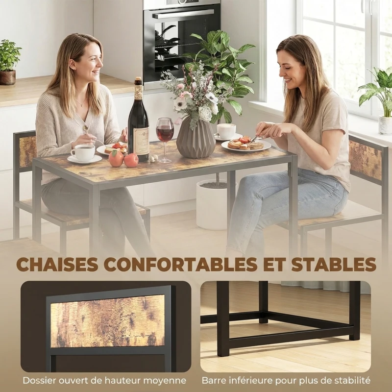 HOMCOM Ensemble table et chaises , table à manger 3 pièces avec 2 chaises encastrables, pour cuisine salon maison, marron