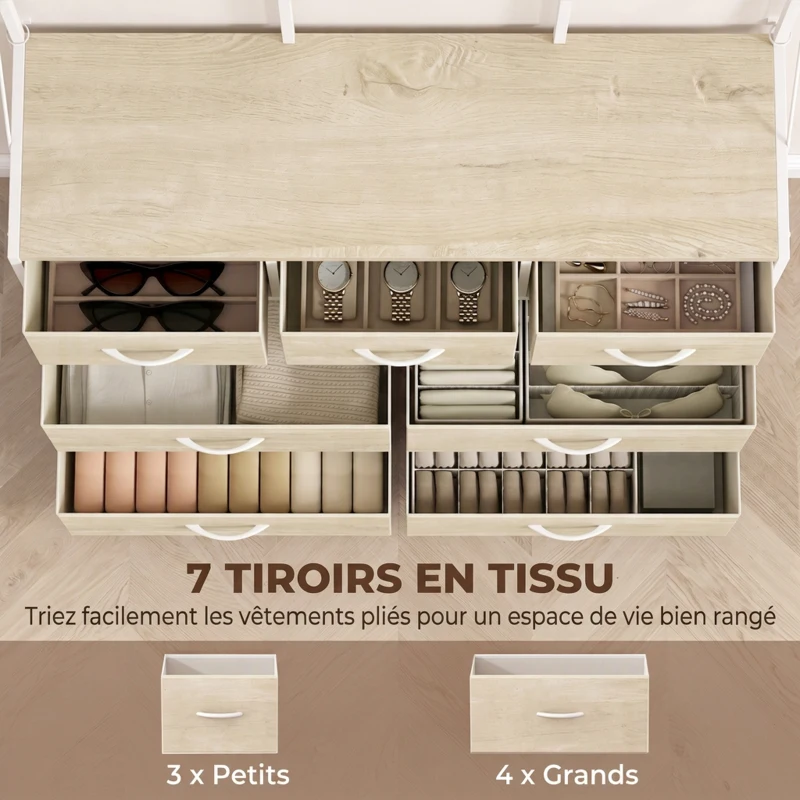 HOMCOM Porte-Manteau 4 en 1, Meuble d'Entrée avec 7 Tiroirs Pliables en Tissu, 14 Crochets et Panneau Grillagé, Chêne