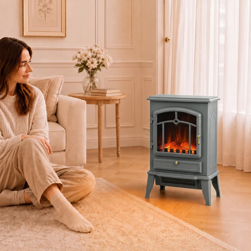 HOMCOM Electric Fireplace Stove, 1000W/2000W, Electric Fire Heater with LED Flame Effect, Adjustable Thermostat, Grey