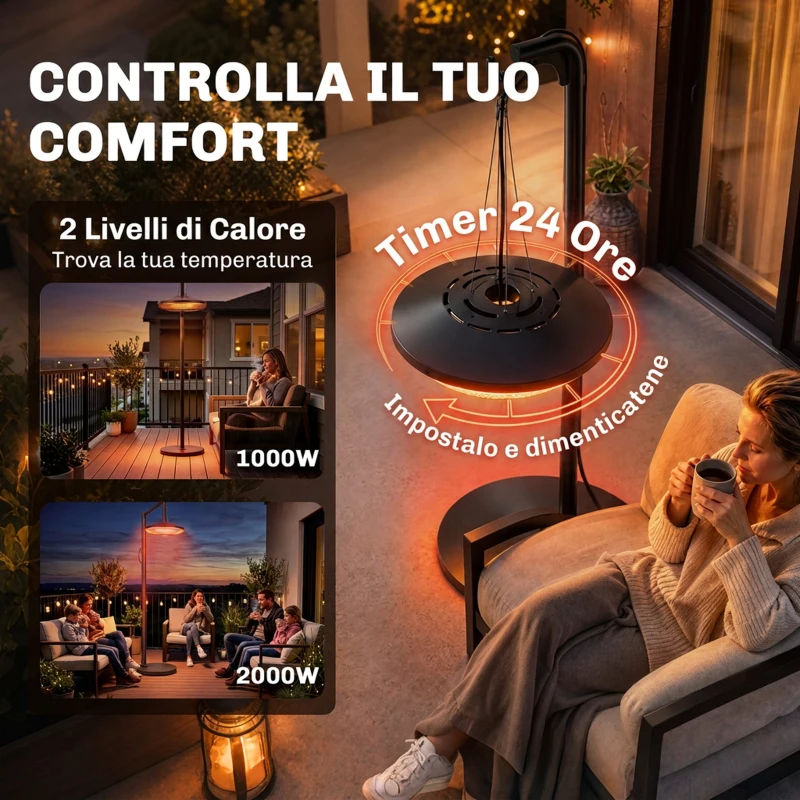 Outsunny Riscaldatore Sospeso da Esterno 2000W con LED, Controllo APP/Telecomando/Touch e Timer, Nero