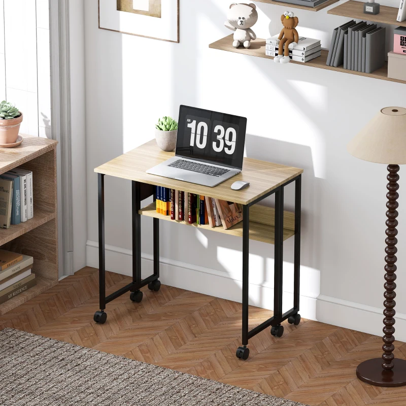HOMCOM Bureau pliable sur roulettes 80 x 50 cm avec étagère et sac de rangement, chêne