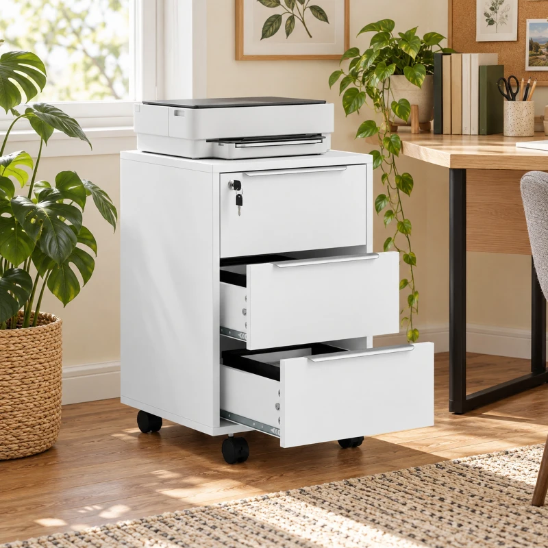 HOMCOM Cajonera de Escritorio con 3 Cajones Ruedas Cerradura y 2 Llaves para Estudio Salón 40x40x63,5 cm Blanco