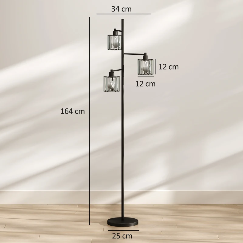 HOMCOM Luminária de Chão 40W, 3 Lâmpadas LED E27, Controle Remoto Magnético, Dimmer, 3 Temperaturas de Cor, Preto