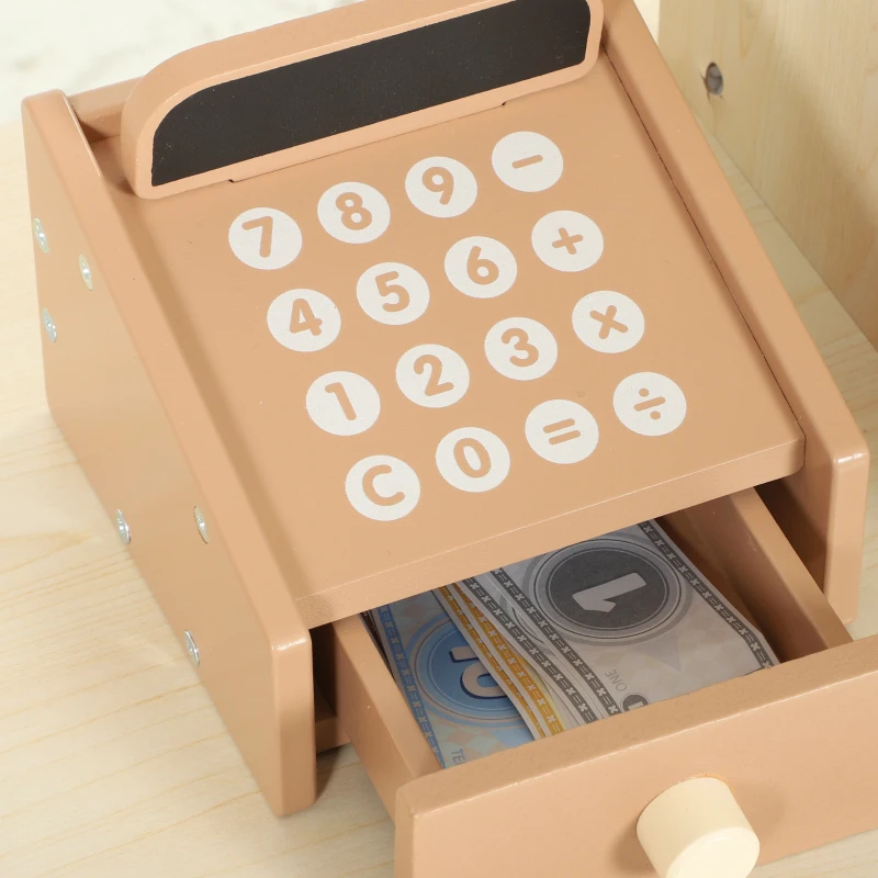 AIYAPLAY Marchande Enfants en Bois, Caisse Enregistreuse, Aliments Factices, Tableau à Craie et 61 Accessoires, pour 3 à 8 Ans