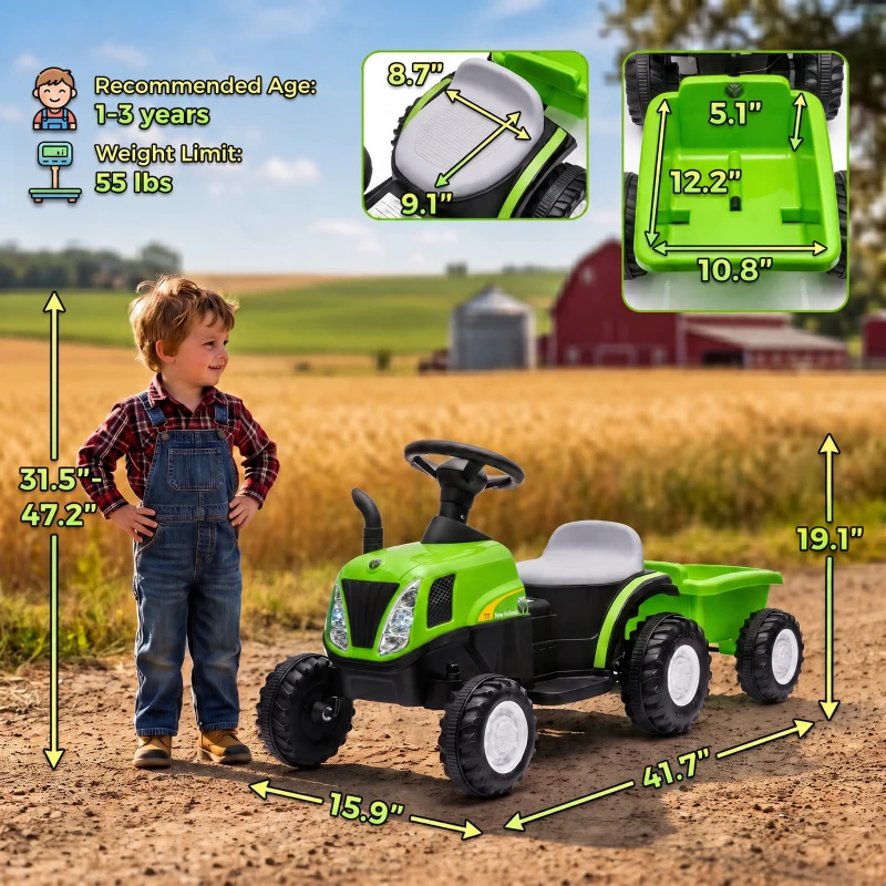 AIYAPLAY Trator Elétrico para Crianças 6V com Reboque Amovível, Luzes, Música, Buzina e Pedal, 2,5 km/h, Verde, 1-3 Anos