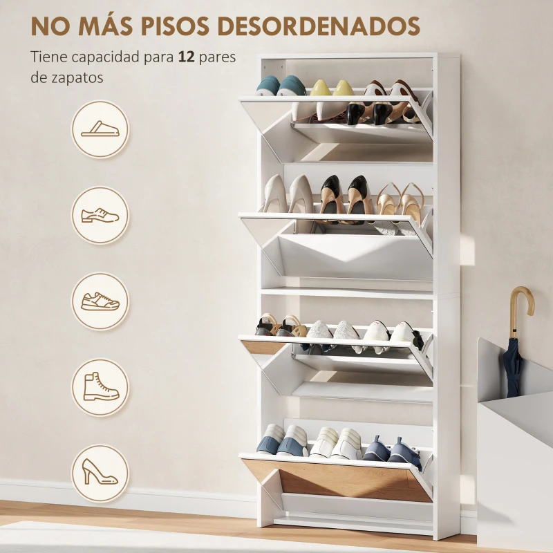 HOMCOM Zapatero Estrecho con Espejo y 4 Puertas Abatibles para 12  Pares de Zapatos 63x17x146 cm Blanco