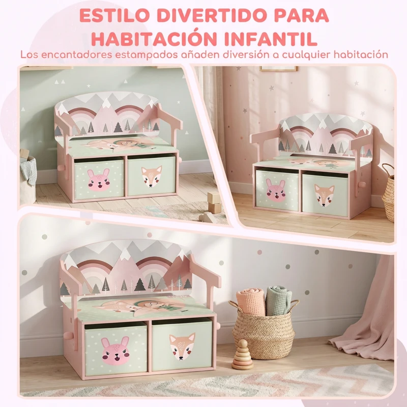 AIYAPLAY Banco Infantil Convertible 3 en 1 Juego de Mesa y Silla Baúl de Juguetes con 2 Cajones de Tela 3-6 Años Rosa