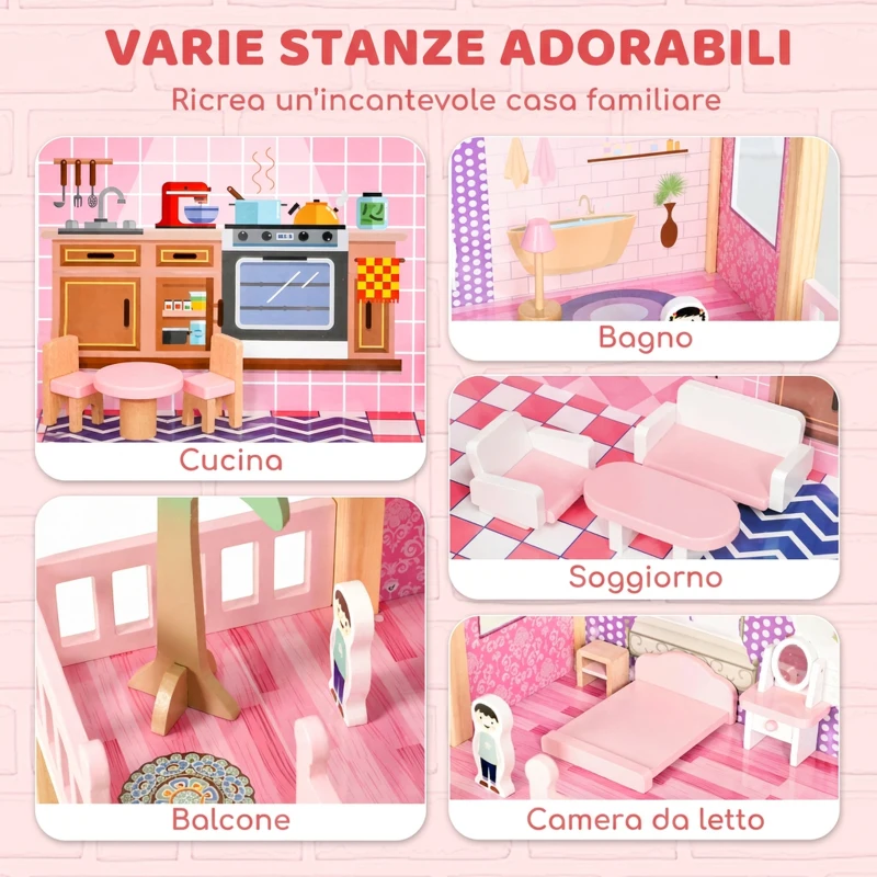 AIYAPLAY Casa delle Bambole in Legno per Bambini, 2 Piani, 11 Mobili e 2 Bambole, Regalo per Ragazze 3-6 Anni, Rosa
