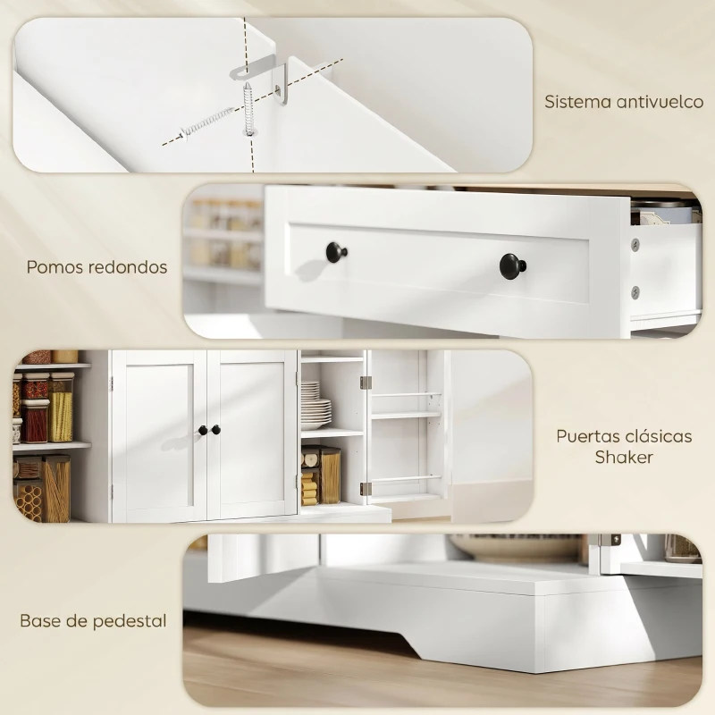 HOMCOM Aparador de Cocina con Cajón Estantes en las Puertas Estantes Ajustables Barra de Café 138x40x83,5 cm Blanco