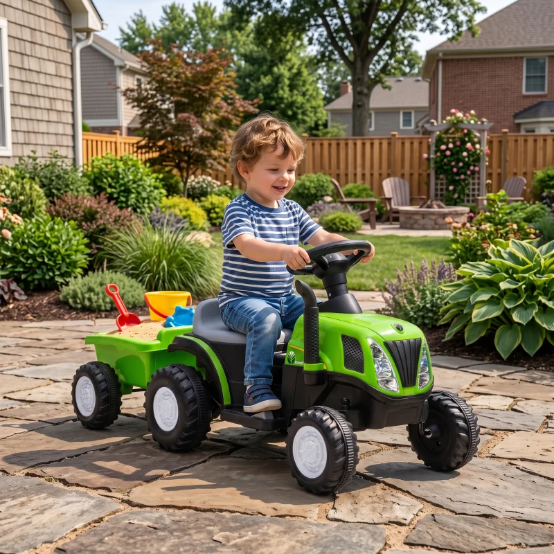 AIYAPLAY Trator Elétrico para Crianças 6V com Reboque Amovível, Luzes, Música, Buzina e Pedal, 2,5 km/h, Verde, 1-3 Anos