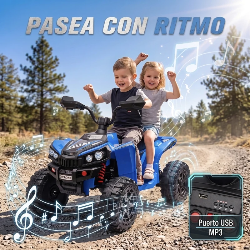AIYAPLAY Quad Eléctrico Niños 24V 2 Plazas 2 Motores 120 W Batería de Litio Suspensión Arranque Suave 4-6 km/h 3-8 Años Azul