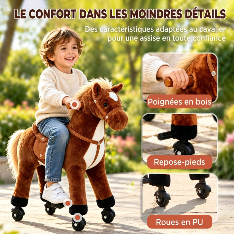 HOMCOM Cheval à Monter pour Enfant, Cheval à Roulettes en Peluche, Sons Réalistes, Poignée, 75 cm de Haut, Marron