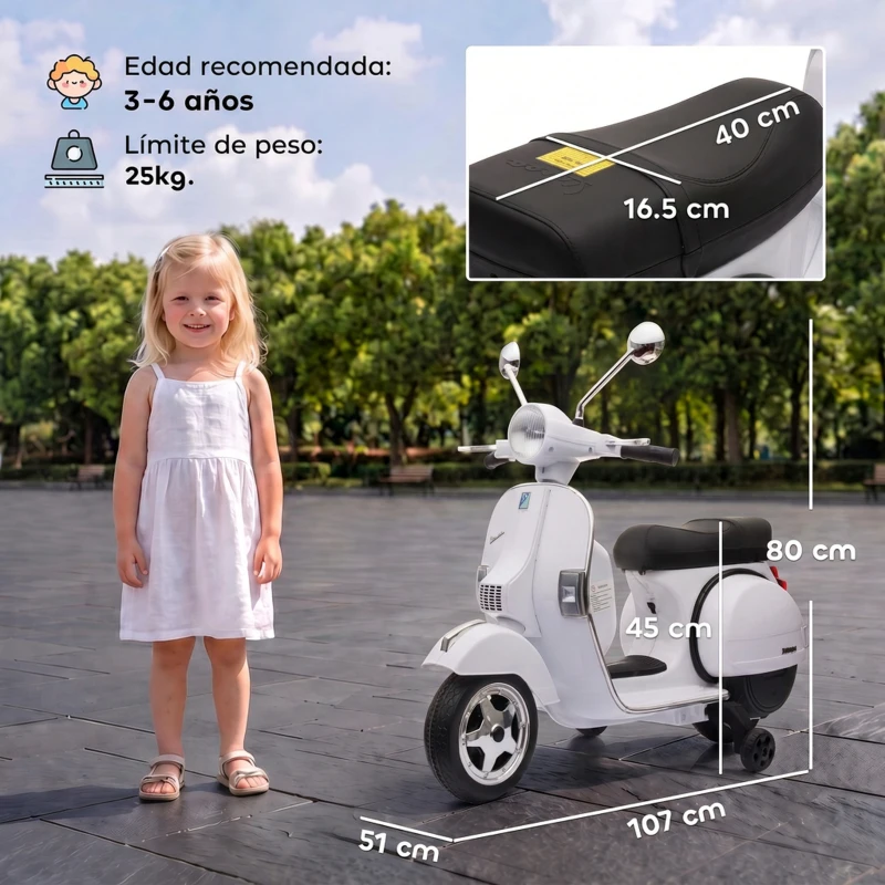 AIYAPLAY Moto Eléctrica Niños 12V Vespa PX150 Ruedas Auxiliares 2 Motores Suspensión Trasera Música Faros 3 km/h 3-6 Años Blanco