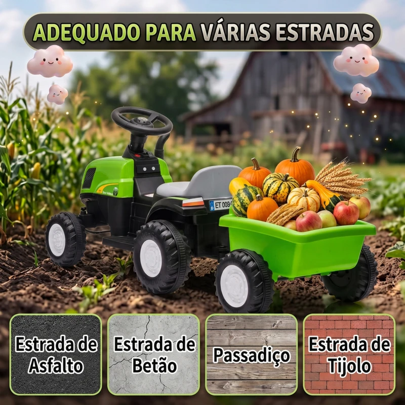 AIYAPLAY Trator Elétrico para Crianças 6V com Reboque Amovível, Luzes, Música, Buzina e Pedal, 2,5 km/h, Verde, 1-3 Anos