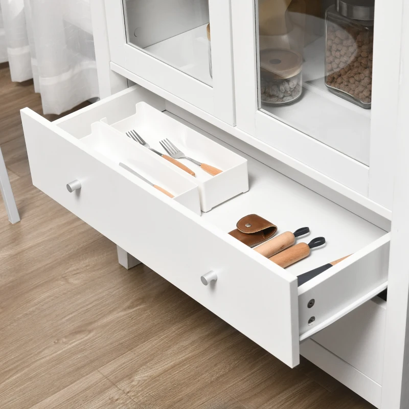 HOMCOM Vitrina de Salón Aparador de Cocina con 2 Puertas de Vidrio 3 Estantes 2 Cajones para Comedor Oficina 80x40x160cm Blanco