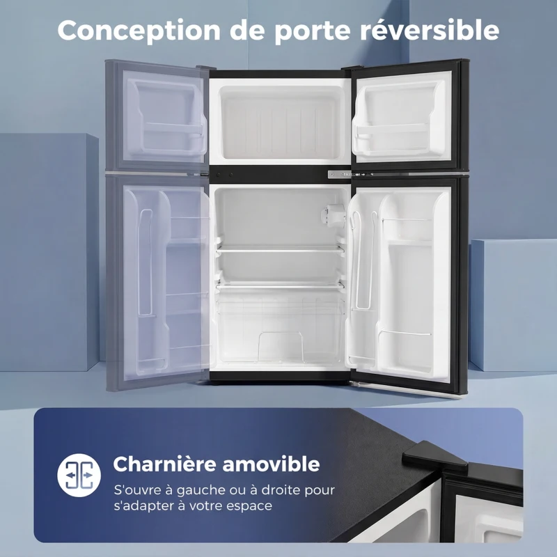 HOMCOM Mini Réfrigérateur Congélateur 90 L, Petit Frigo Compact Silencieux, 2 Portes Réversibles, Thermostat Réglable, Noir