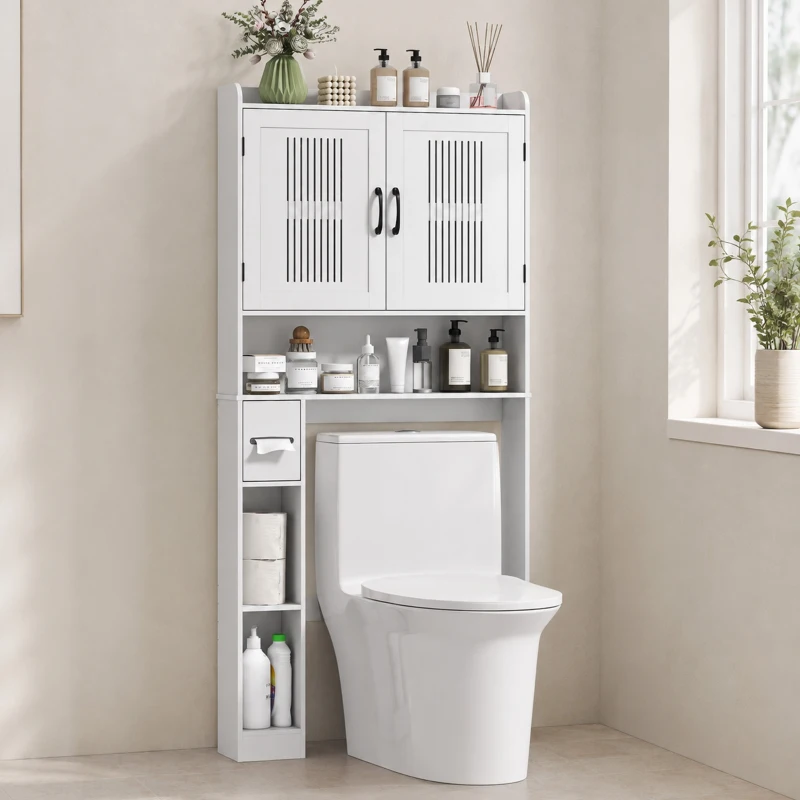 HOMCOM Mobile Sopra WC con Armadietto a 2 Ante Ventilate e Ripiani Aperti, Barra Inferiore, 80x19.5x170 cm, Bianco