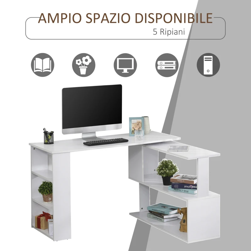 HOMCOM Scrivania ad Angolo con 5 Ripiani, 120 x 100 x 74.5cm, Bianca