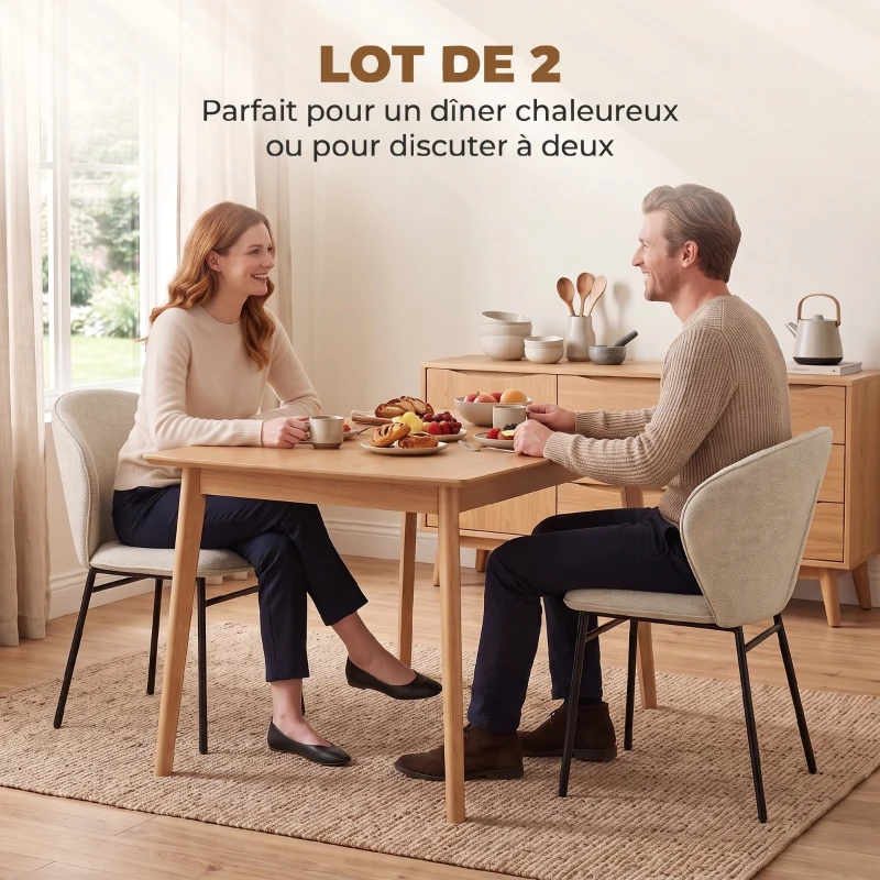 HOMCOM Lot de 2 chaises de salle à manger assise rembourrée en tissu aspect lin pieds en acier stable design moderne crème
