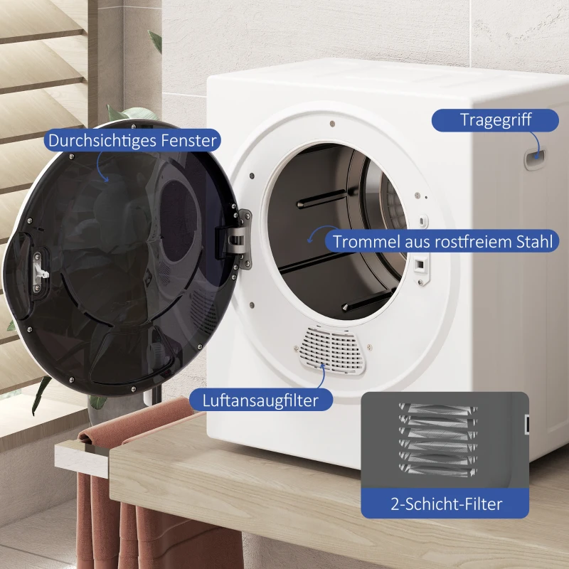 HOMCOM Mini Wäschetrockner 4 kg mit 4 Programme, 2 Heizstufen, Sterilisation bis zu 65℃ 850W für Kleidung