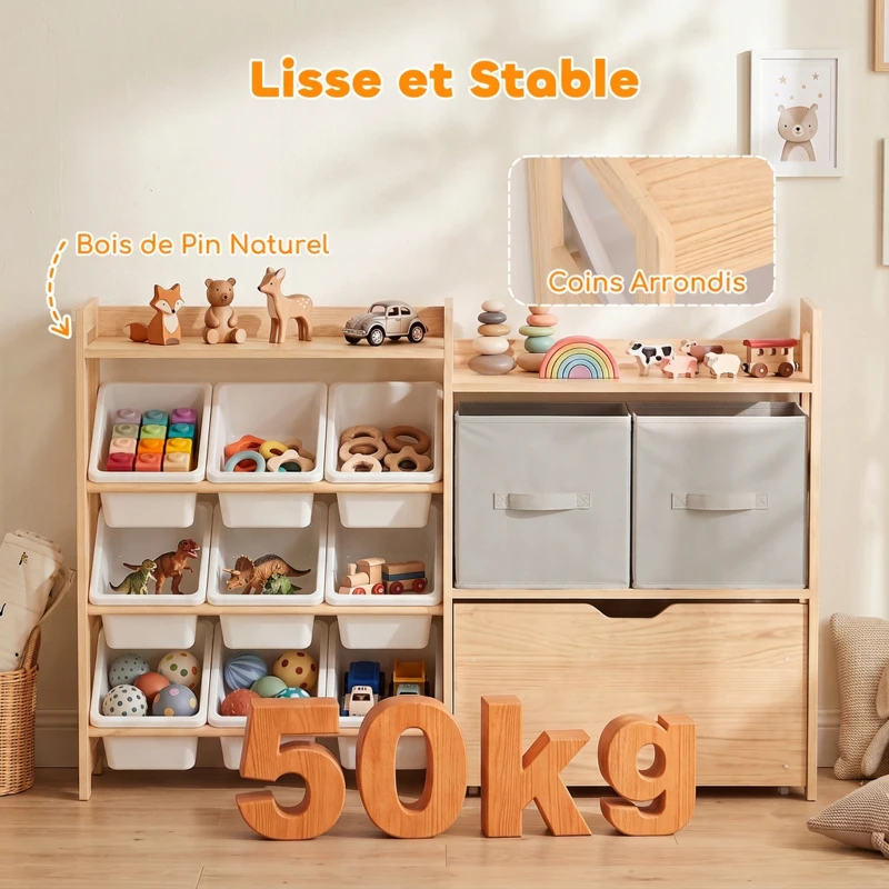 AIYAPLAY Meuble Rangement Enfant, Rangement Jouet Enfant, 9 Bacs, 2 Tiroirs Tissu, Tiroir en Bois sur Roulettes, Naturel et Blanc