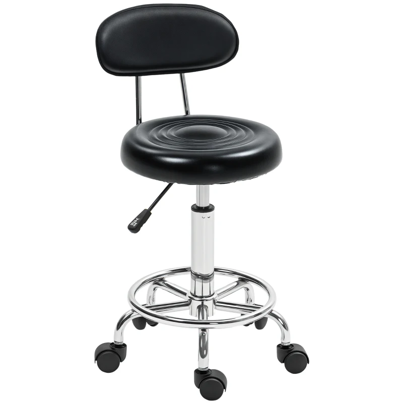 HOMCOM Rollhocker, Drehbarer und verstellbarer Hocker mit Rückenlehne, Kunstlederbezug, Fußstütze, für Frisiertische, Schwarz