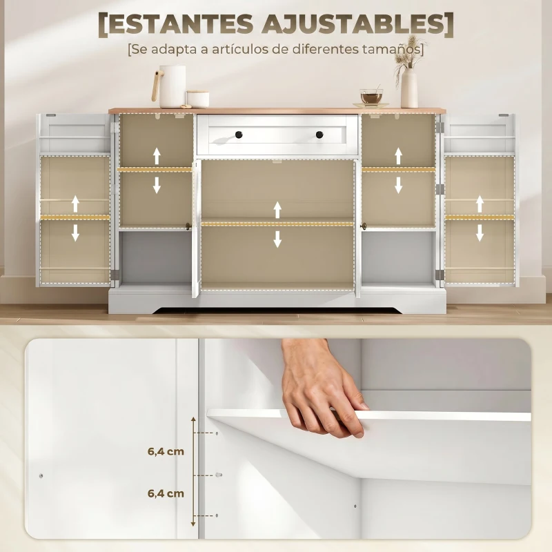 HOMCOM Aparador de Cocina con Cajón Estantes en las Puertas Estantes Ajustables Barra de Café 138x40x83,5 cm Blanco