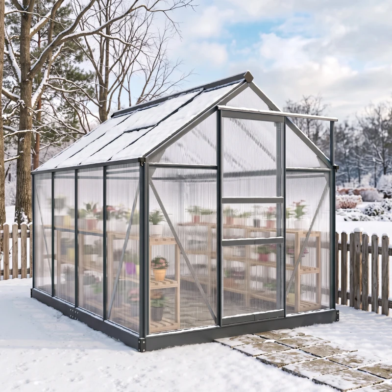 Outsunny 6 x 8ft Polycarbonate Greenhouse, Large Walk in Green House with Slide Door and Window, Garden Plants Grow House with Aluminium Frame and Foundation, Grey