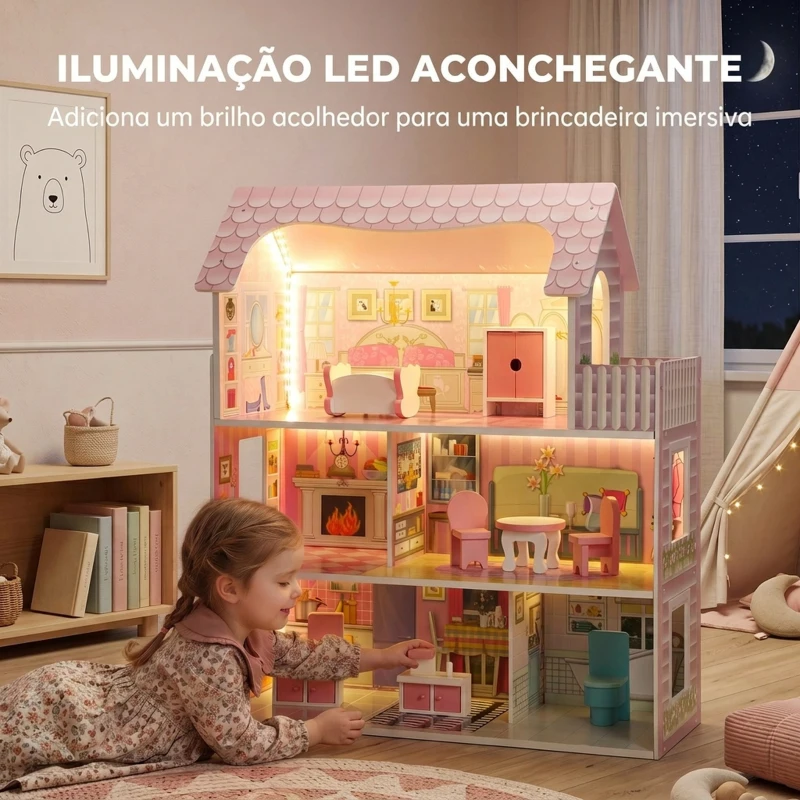 AIYAPLAY Casa de Bonecas em Madeira de 3 Andares com Luzes LED, Varanda e 8 Móveis, Rosa, 3-6 Anos
