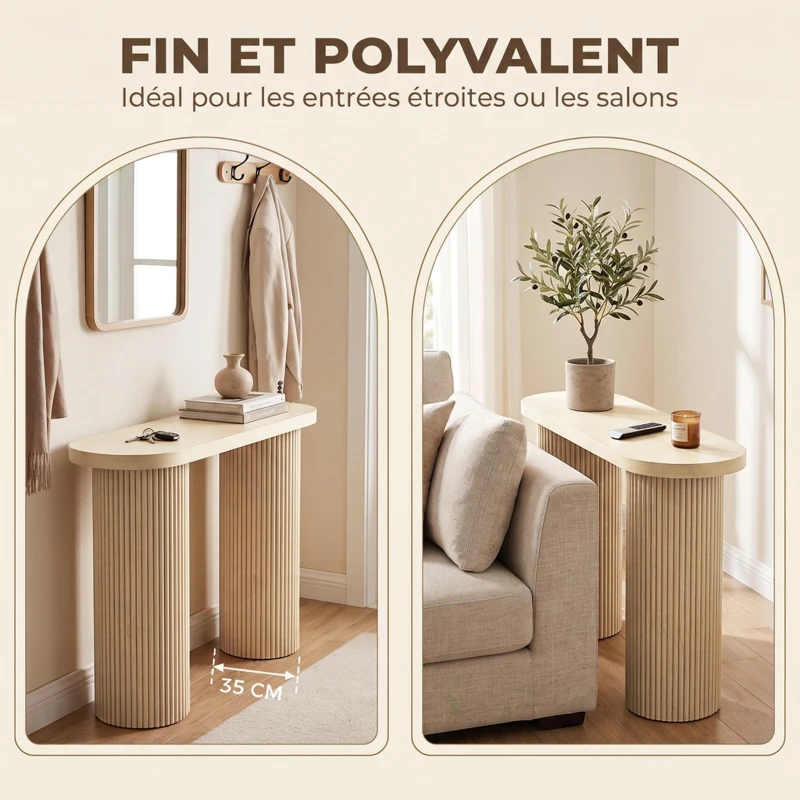 HOMCOM Table Console Cannelée, Rangement Dissimulé, Pieds Colonnes, Style Rustique, Console d'Entrée Étroite, 103x35x80cm Chêne