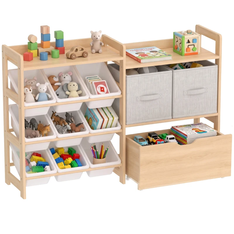 AIYAPLAY Meuble Rangement Enfant, Rangement Jouet Enfant, 9 Bacs, 2 Tiroirs Tissu, Tiroir en Bois sur Roulettes, Naturel et Blanc