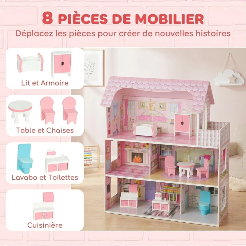 AIYAPLAY Maison de Poupée en Bois pour Enfants, Maison de Rêve Filles, 6 Pièces, Éclairage LED et 8 Meubles, 3-6 ans, Rose