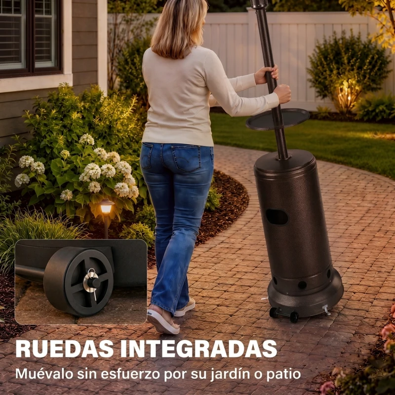 Outsunny Estufa de Gas Butano 13 kW con Mesa Ø40 cm Regulación Continua del Calor Antivuelco Encendido Piezoeléctrico y Ruedas