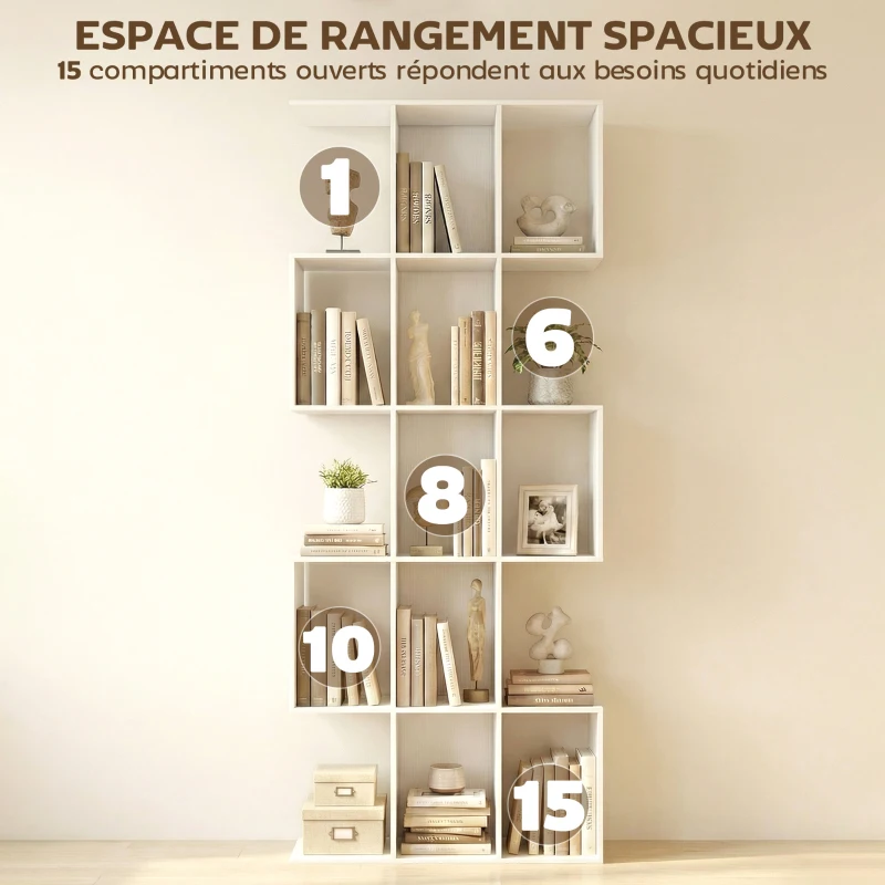 HOMCOM Bibliothèque à 5 niveaux, étagère de rangement en forme S avec 15 compartiments ouverts, 80 x 24 x 200 cm, blanc