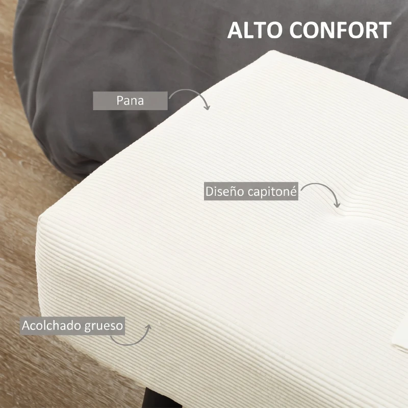 HOMCOM Banco Pie de Cama Tapizado en Pana con Asiento Acolchado Diseño Capitoné y Patas de Acero para Dormitorio Blanco Crema
