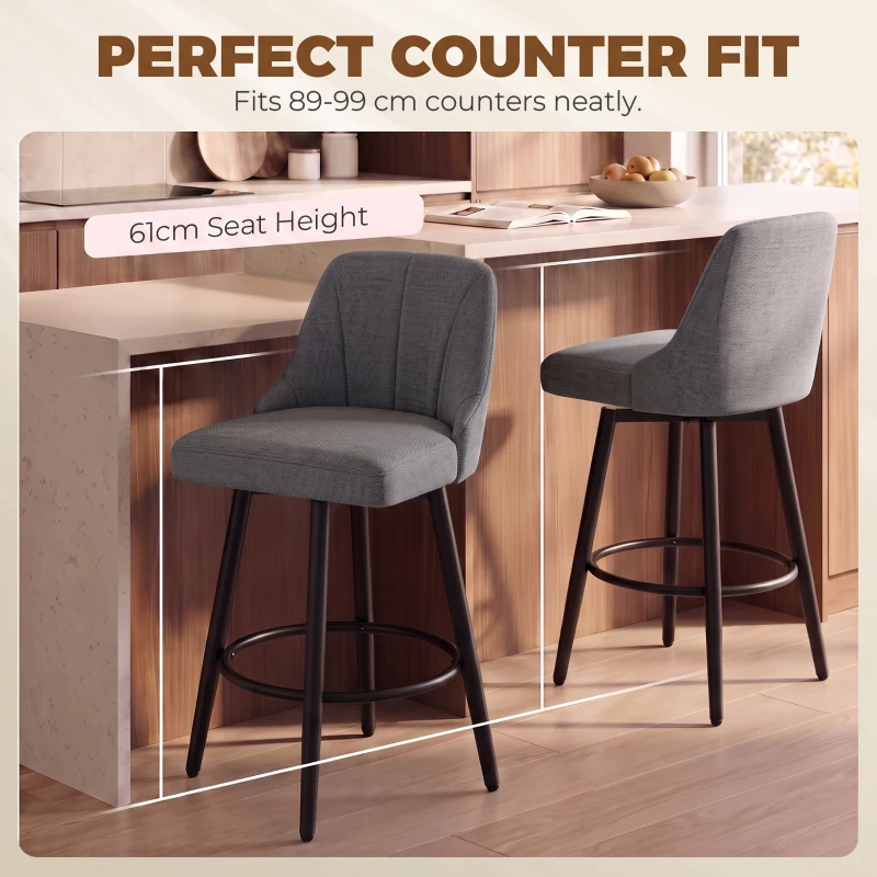 HOMCOM Lot de 2 Tabourets de Bar Pivotants, Chaises de Bar en Tissu Effet Lin, Dossier Capitonné, Repose-Pieds, Gris