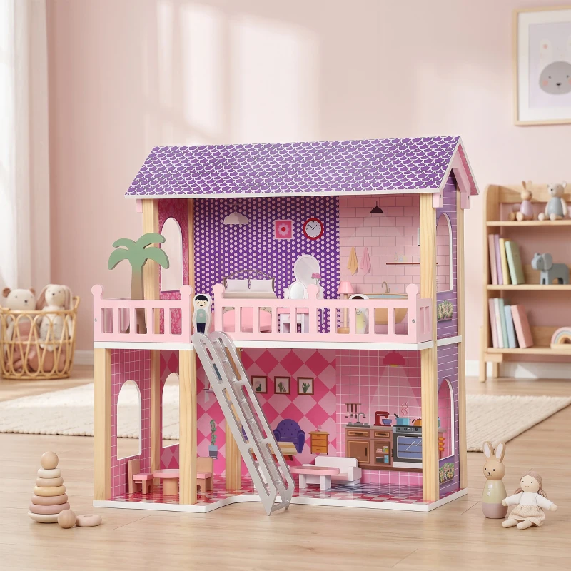 AIYAPLAY Casa delle Bambole in Legno per Bambini, 2 Piani, 11 Mobili e 2 Bambole, Regalo per Ragazze 3-6 Anni, Rosa