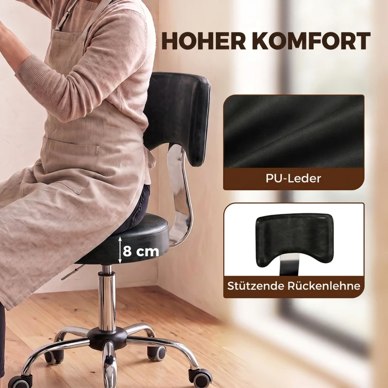 HOMCOM Rolkruk, in hoogte verstelbare salonkruk van PU-leer met gevoerde zitting, rugleuning en wielen, zwart