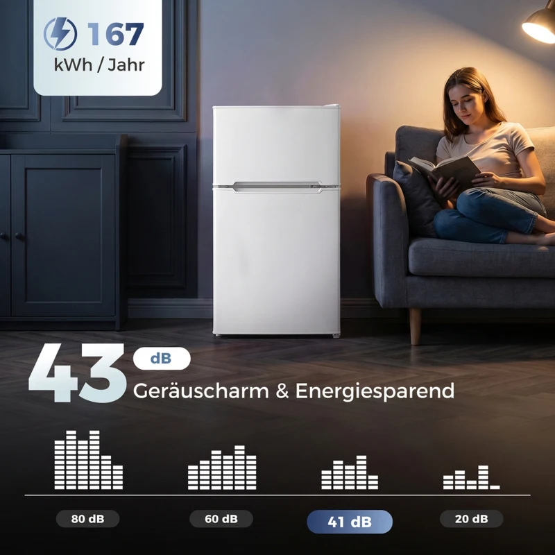 HOMCOM 2-deurs mini-koelkast met vriesvak, instelbare thermostaat, kleine drankkoelkast 90L, wit