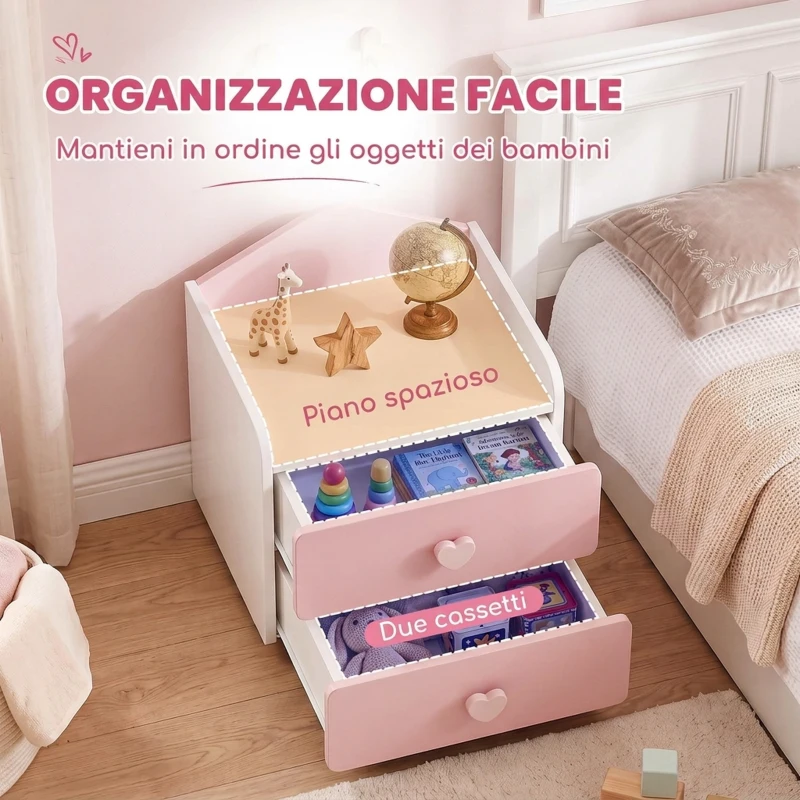 AIYAPLAY Comodino per Bambini 3-8 Anni con 2 Cassetti, Angoli Arrotondati, Maniglie a Cuore, 34x31x36 cm, Rosa