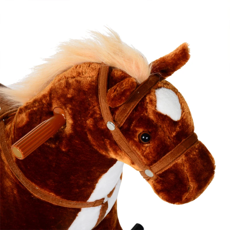 HOMCOM Cheval à Monter pour Enfant, Cheval à Roulettes en Peluche, Sons Réalistes, Poignée, 75 cm de Haut, Marron