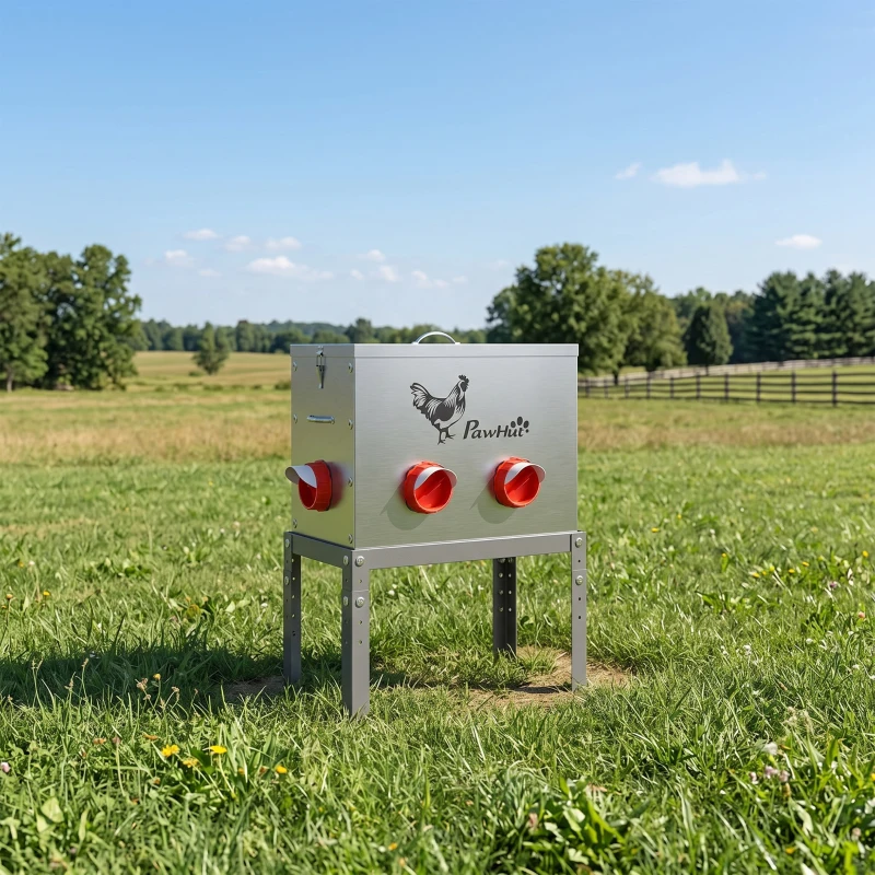 PawHut Mangeoire Automatique à Poulet 27L, 6 Ports, Hauteur Reglable, Couvercle Verrouillable, 42x25x55cm, Acier, Argent