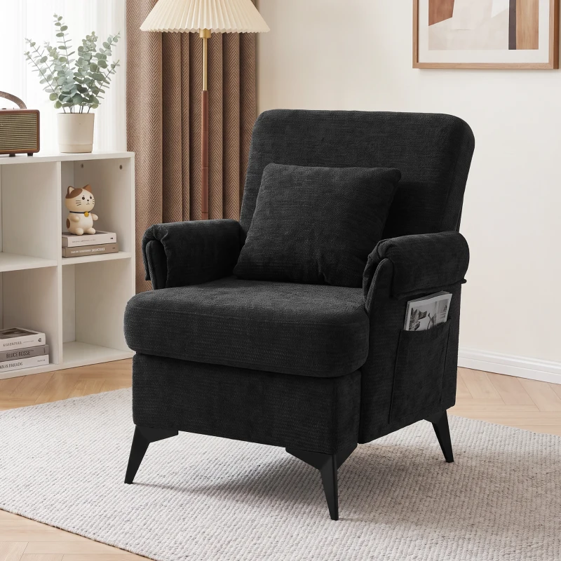 HOMCOM Fauteuil Relax Fauteuil individuel en chenille Fauteuil de salon moderne Assise large et coussin épais Coussin lombaire Noir