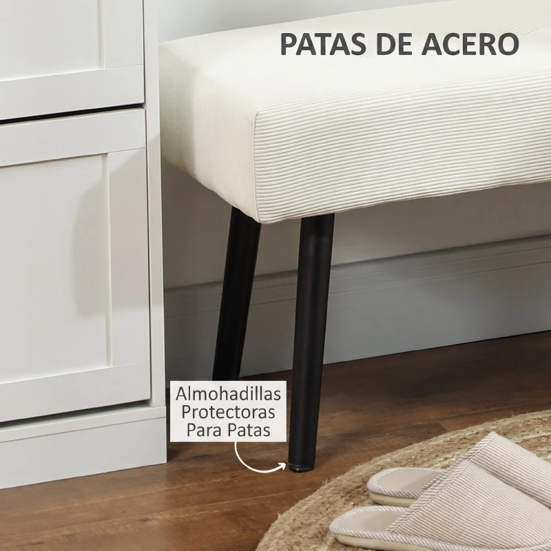 HOMCOM Banco Pie de Cama Tapizado en Pana con Asiento Acolchado Diseño Capitoné y Patas de Acero para Dormitorio Blanco Crema